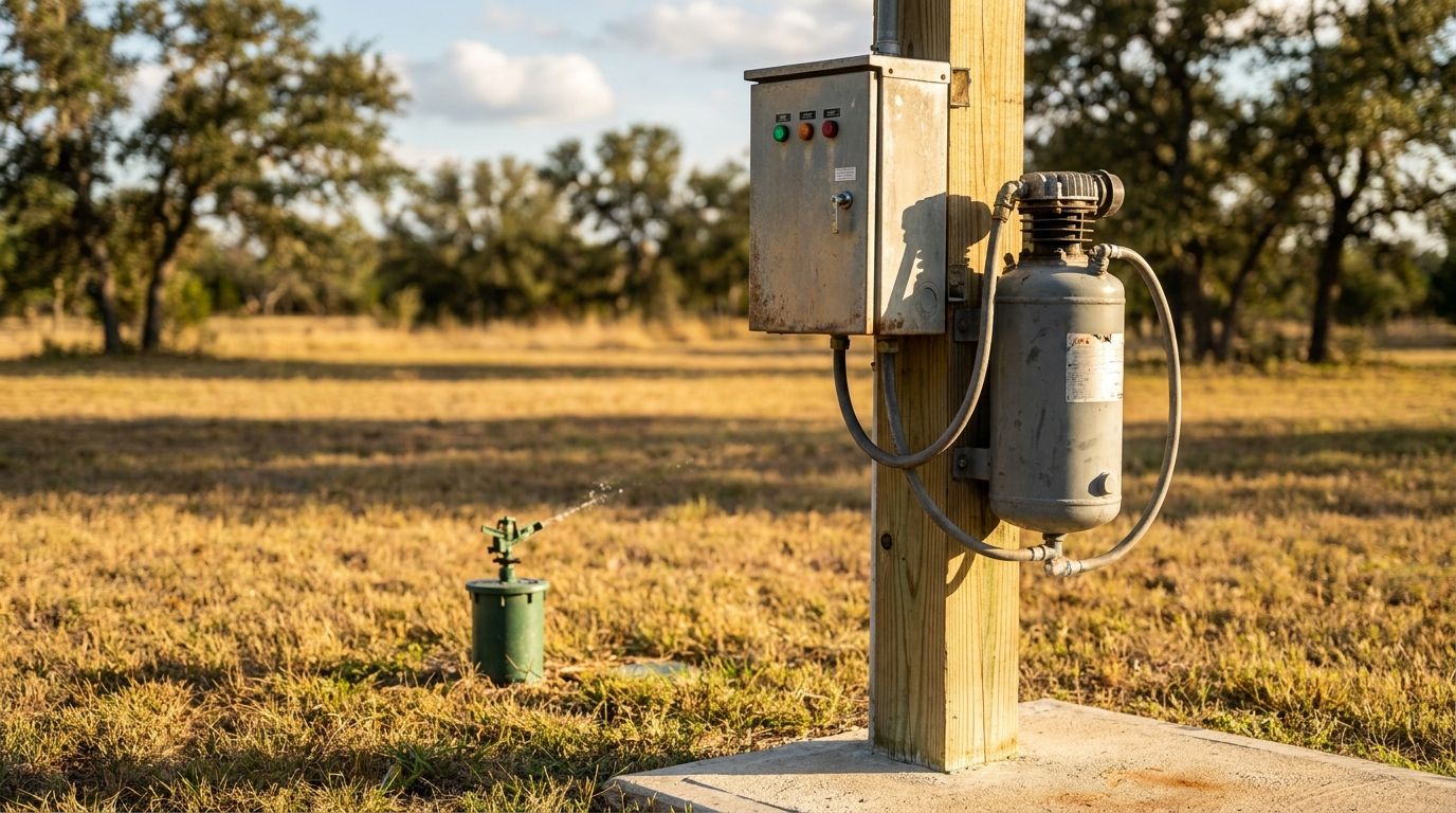 An aerobic septic system's control panel and air compressor mounted on a post, with a spray irrigation head misting the field nearby.