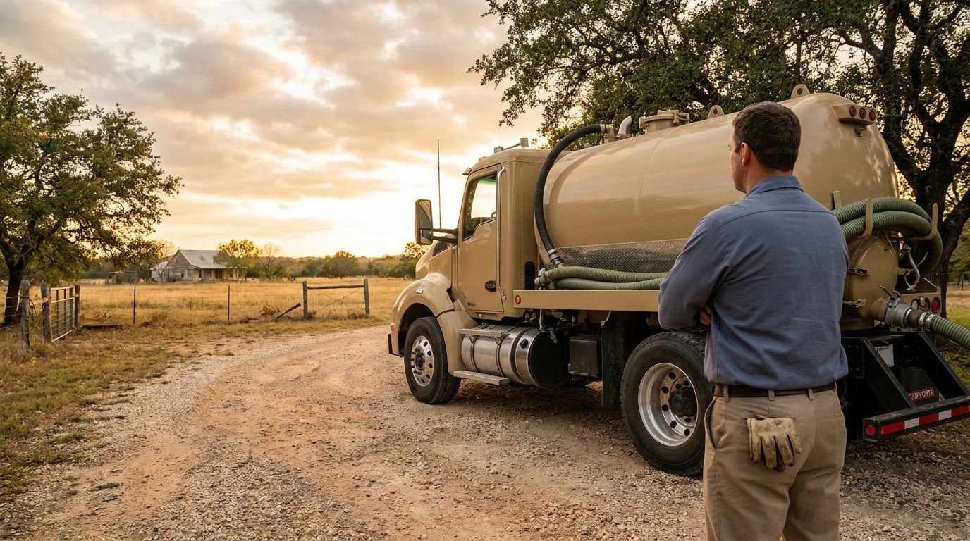 A technician standing beside a septic service truck on a rural driveway at dusk.