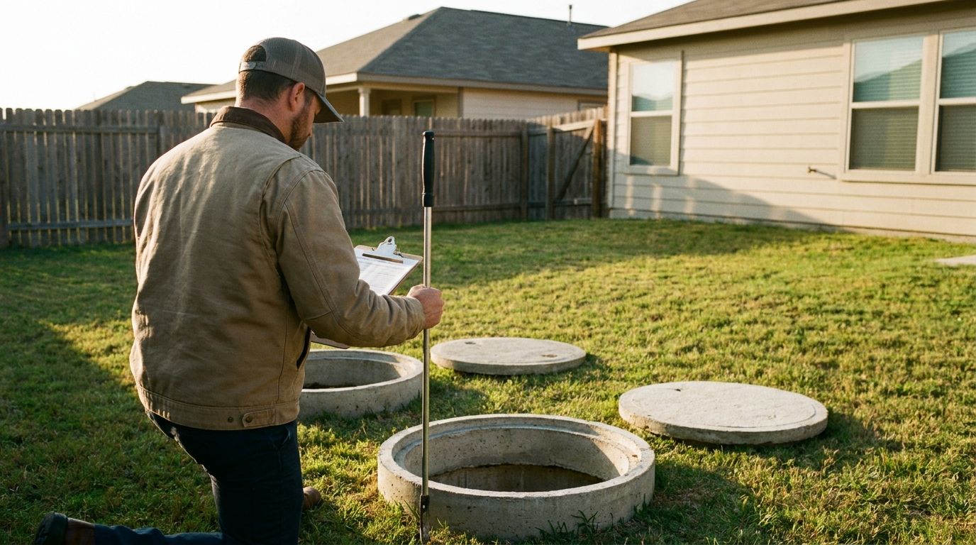 A technician with a clipboard and probe rod inspecting open septic tank access points in a residential backyard.