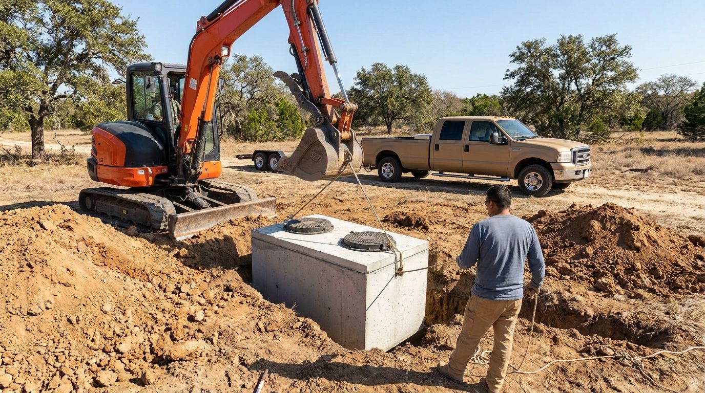 A crew using an excavator to lower a septic tank into an excavated hole, with a flatbed delivery truck parked alongside.