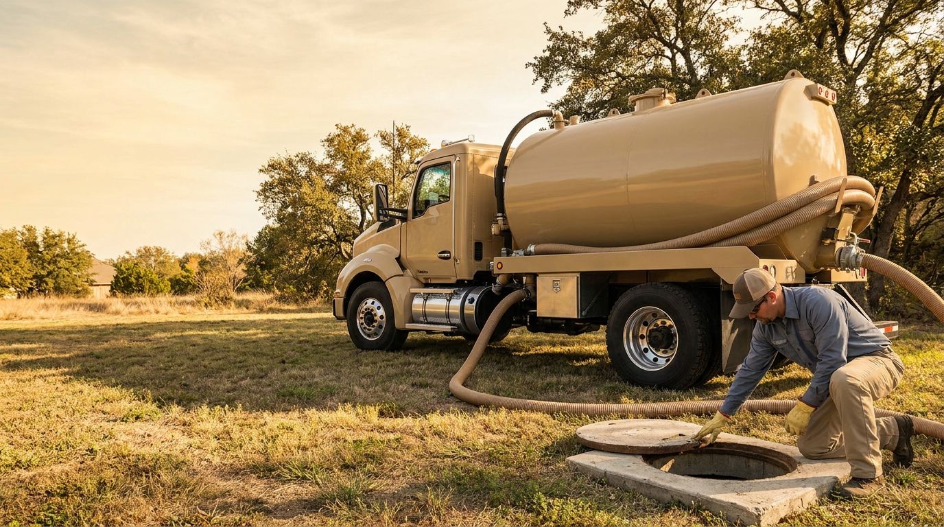 A septic vacuum truck parked beside an open tank access lid, with a technician kneeling at the opening during a pump-out.