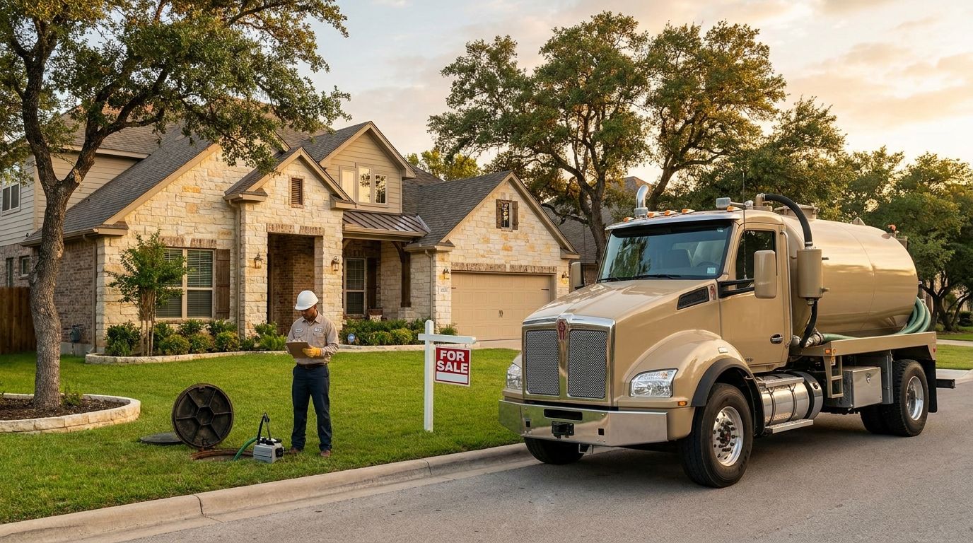 A septic inspector with a clipboard beside an open tank access point in front of a house with a For Sale sign, inspection truck parked on the street.