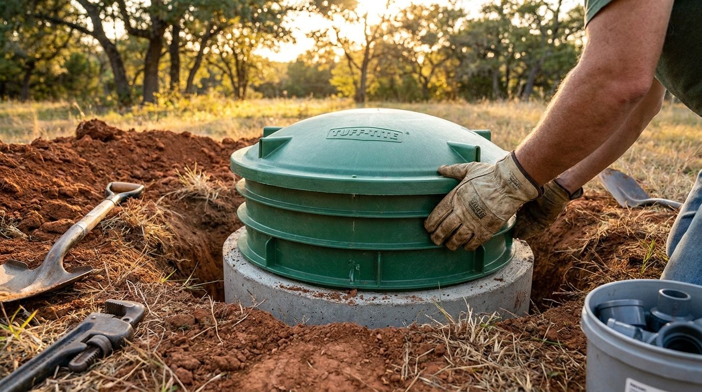 Close-up of a gloved hand fitting a new riser lid onto a septic tank access point, freshly excavated soil around it.